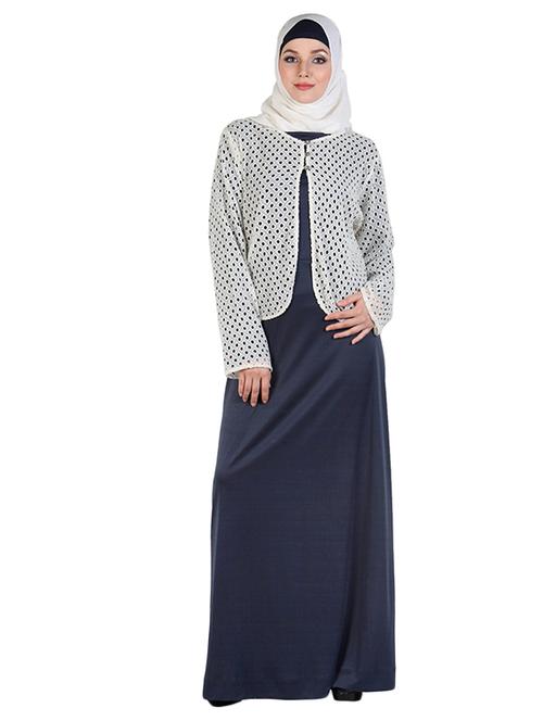 solid grey abaya with white schiffli shrug - 11032255 - Very Small Image - 1