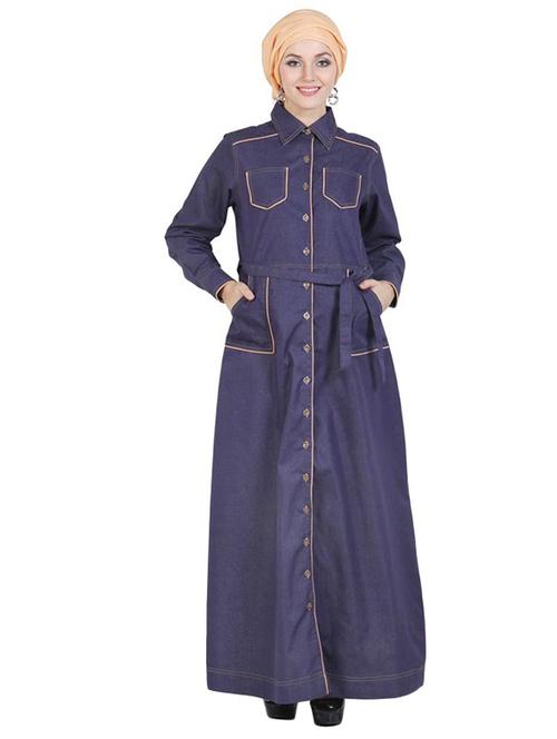 navy blue full front buttoned denim abaya - 11032278 - Very Small Image - 1