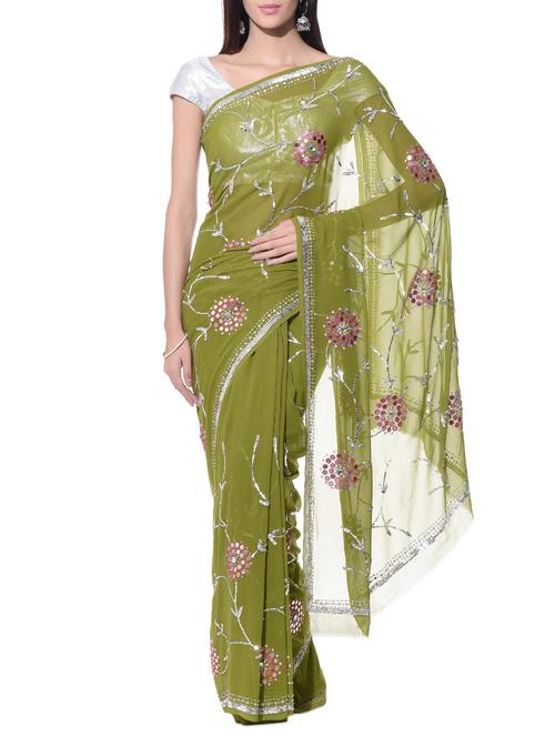 sap green sequin embellished georgette saree with blouse - 11048423 - Very Small Image - 1
