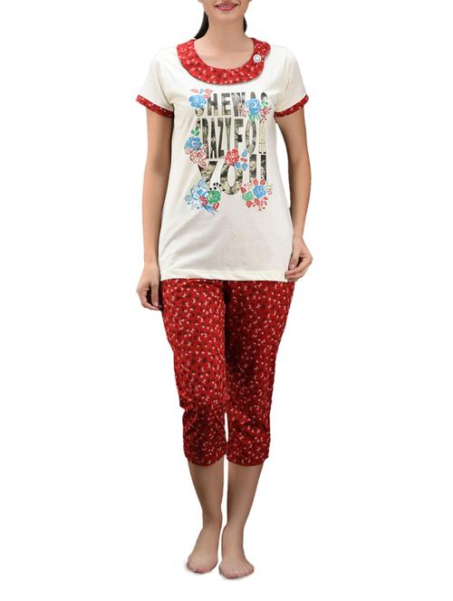 cream printed top red capri nightwear set - 1105329 - Very Small Image - 1