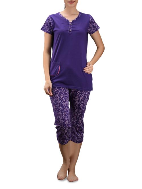 violet top with floral printed capri nightwear set - 1105332 - Very Small Image - 1