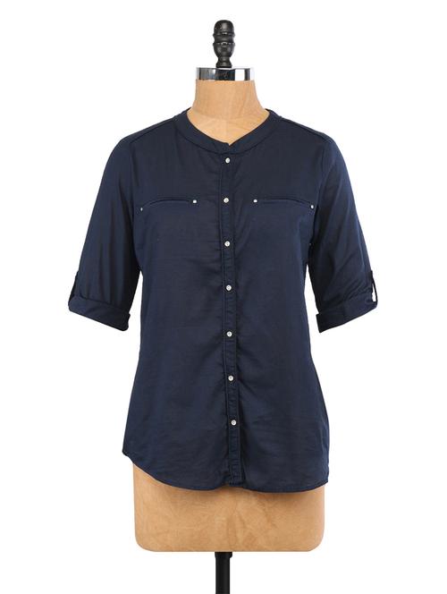 solid navy button down roll-up sleeves shirt - 1105393 - Very Small Image - 1