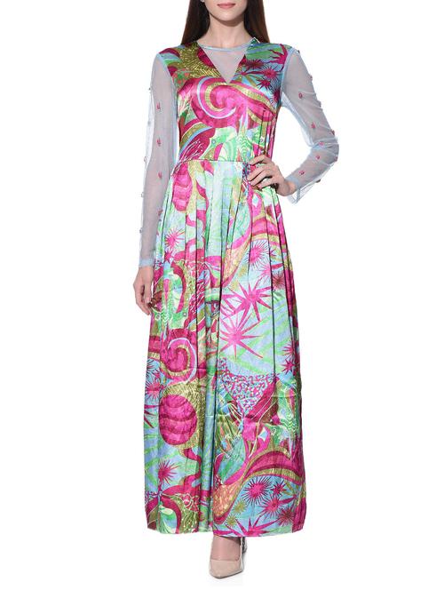 multicoloured printed satin maxi dress - 11070019 - Very Small Image - 1