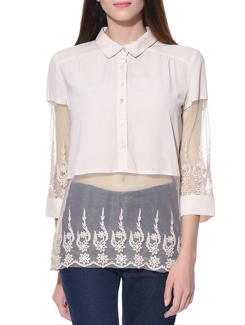 cream embroidered three quarter sleeved shirt - 11070021 - Very Small Image - 1