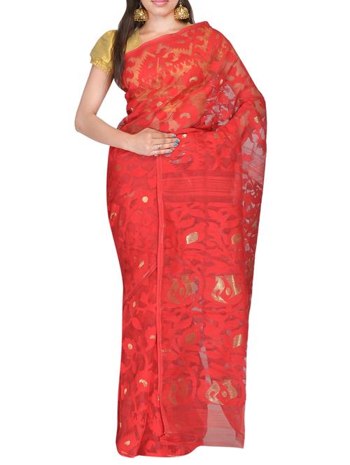 red silk, cotton saree - 11076934 - Very Small Image - 1