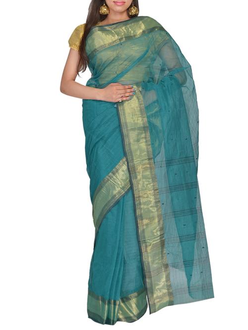 teal cotton saree - 11076989 - Very Small Image - 1