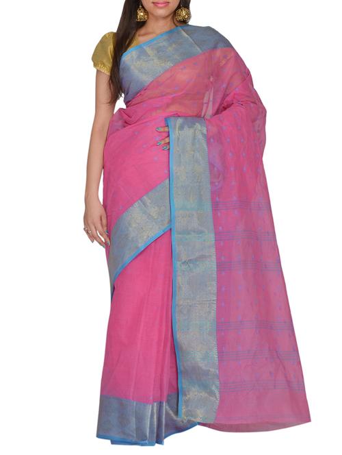 pink cotton bodered saree with blouse - 11076996 - Very Small Image - 1