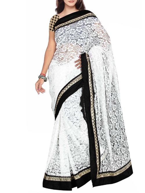 white floral net jacquard saree - 1108145 - Very Small Image - 1