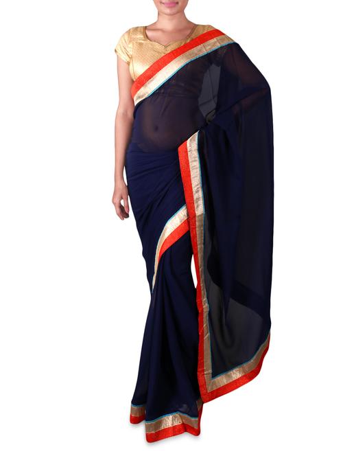 navy blue georgette saree with contrasting border - 1108146 - Very Small Image - 1