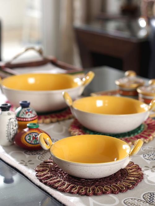 vareesha yellow marble ceramic kadhai serving dishes set of three - 11081702 - Very Small Image - 1