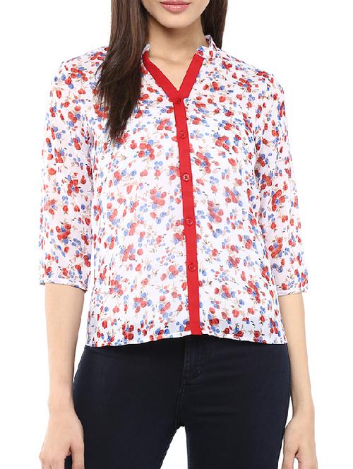white printed georgette high low shirt - 11094036 - Very Small Image - 1