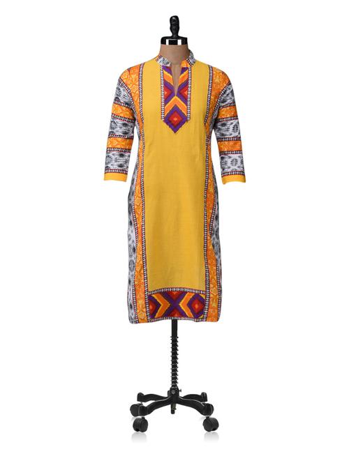 yellow cotton straight kurta - 1110265 - Very Small Image - 1