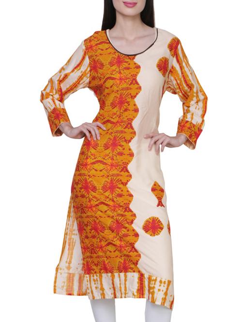 orange and cream printed cotton kurta - 11105309 - Very Small Image - 1