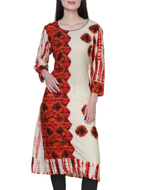 orange and cream printed cotton kurta - 11105310 - Very Small Image - 1