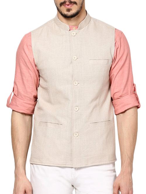 beige linen nehru jacket - 11105335 - Very Small Image - 1