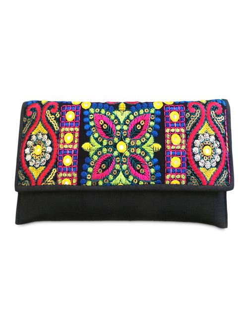 embroidered flap raw silk clutch - 1110821 - Very Small Image - 1