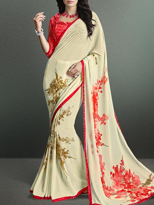 beige georgette printed saree - 11119027 - Very Small Image - 1