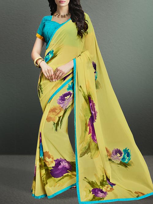 yellow georgette saree - 11119038 - Very Small Image - 1