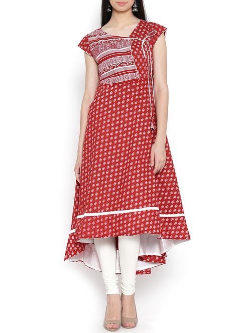 red block printed cotton angrakha kurta - 11122615 - Very Small Image - 1