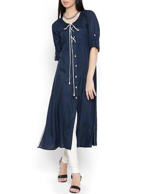 solid navy blue viscose kurta - 11122622 - Very Small Image - 1