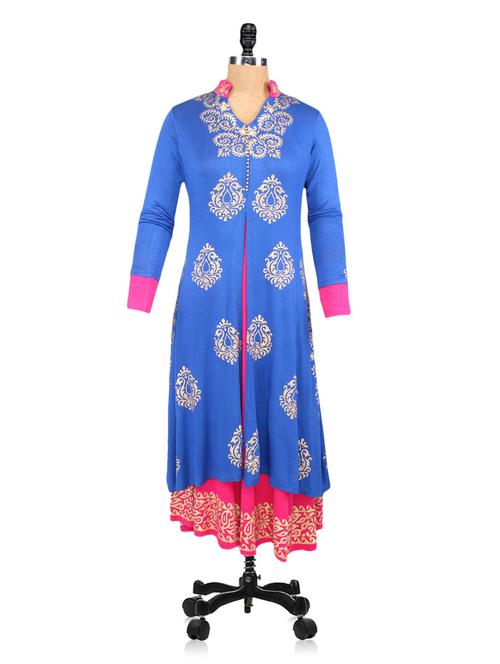 mandarin collar block print kurta - 1112451 - Very Small Image - 1