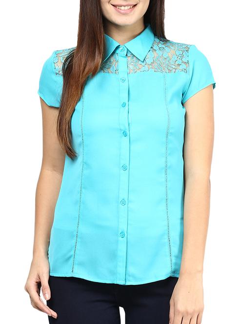 turquoise lace trim polyester shirt - 11126184 - Very Small Image - 1