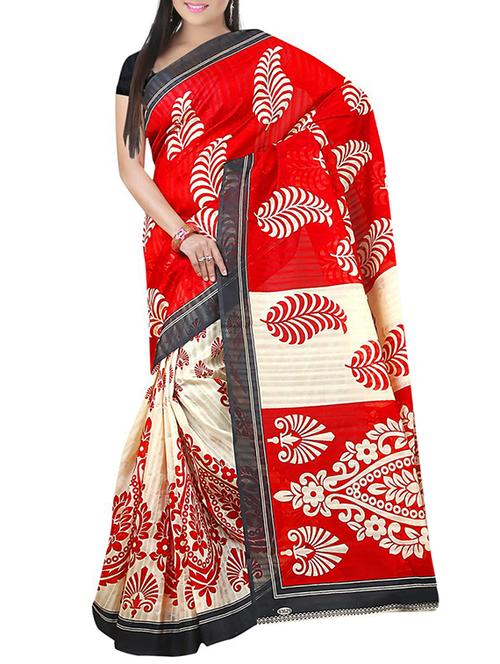 women's leaf print red colored saree with blouse - 11137421 - Very Small Image - 1
