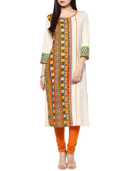 cream cotton printed kurta - 11137605 - Very Small Image - 1
