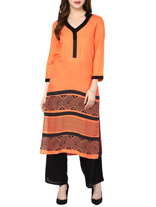 orange and black printed rayon kurta - 11137612 - Very Small Image - 1
