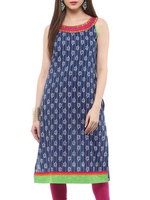 indigo and white printed cotton kurta - 11137615 - Very Small Image - 1