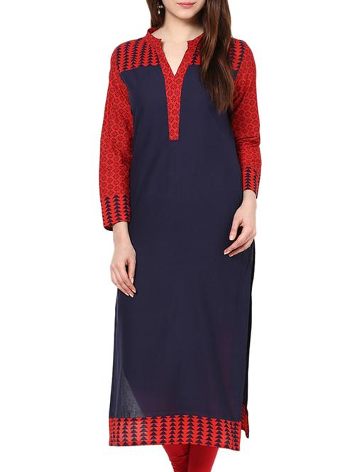 navy blue and red printed cotton kurta - 11137630 - Very Small Image - 1
