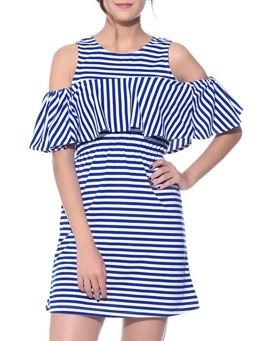 striped blue cold shoulder dress - 11143360 - Very Small Image - 1