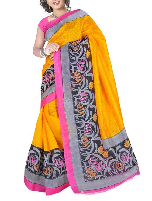 yellow cotton printed saree with blouse - 11144337 - Very Small Image - 1