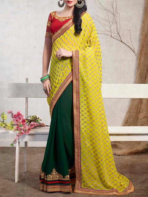 yellow & green geogette half & half saree - 11145039 - Very Small Image - 1