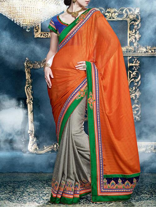 orange & grey georgette half & half saree - 11145040 - Very Small Image - 1
