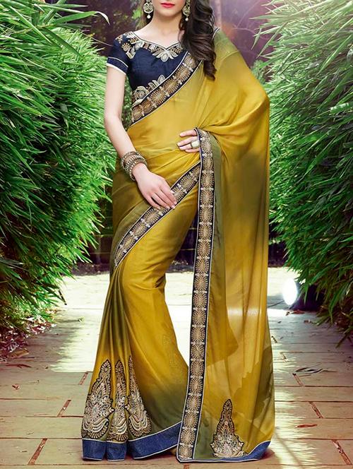 mustard georgette embroidered saree - 11145584 - Very Small Image - 1