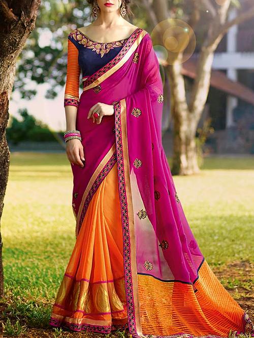 orange & pink georgette half & half saree - 11145586 - Very Small Image - 1