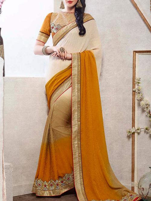 mustard & beige georgette embroidered saree - 11145619 - Very Small Image - 1