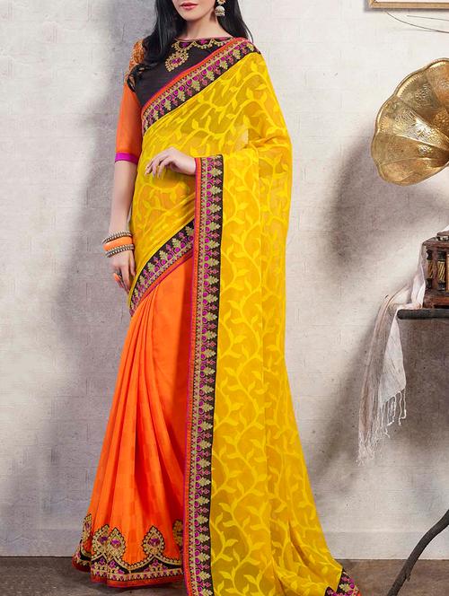 orange & yellow georgette half & half saree - 11145624 - Very Small Image - 1