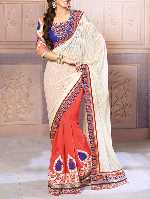 orange & white georgette half & half saree - 11145643 - Very Small Image - 1