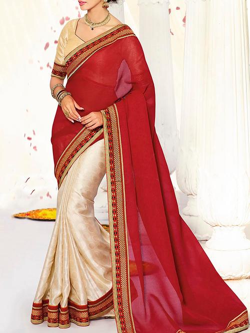 red & beige georgette half & half saree - 11145664 - Very Small Image - 1