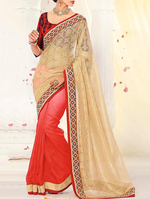 orange & beige georgette half & half saree - 11145666 - Very Small Image - 1