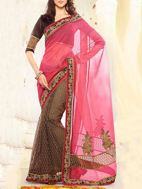 pink & brown georgette half & half saree - 11145667 - Very Small Image - 1
