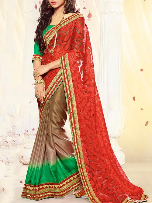 orange & beige georgette half & half saree - 11145668 - Very Small Image - 1