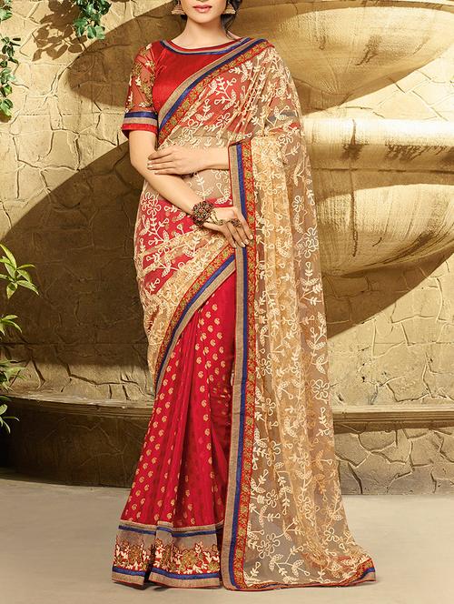 red & beige georgette half & half saree - 11145677 - Very Small Image - 1