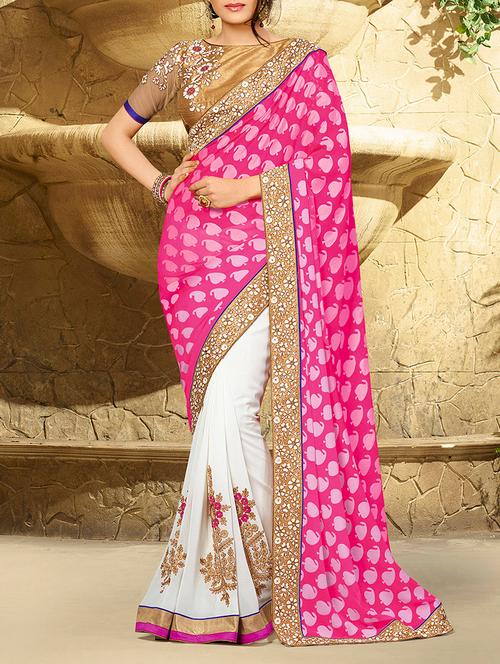 pink & white georgette half & half saree - 11145680 - Very Small Image - 1
