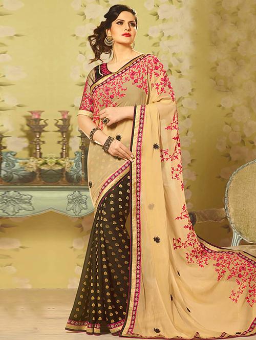 beige & brown georgette half and half saree - 11145683 - Very Small Image - 1
