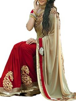 red and beige embroidered georgette saree with blouse - 11149341 - Very Small Image - 1