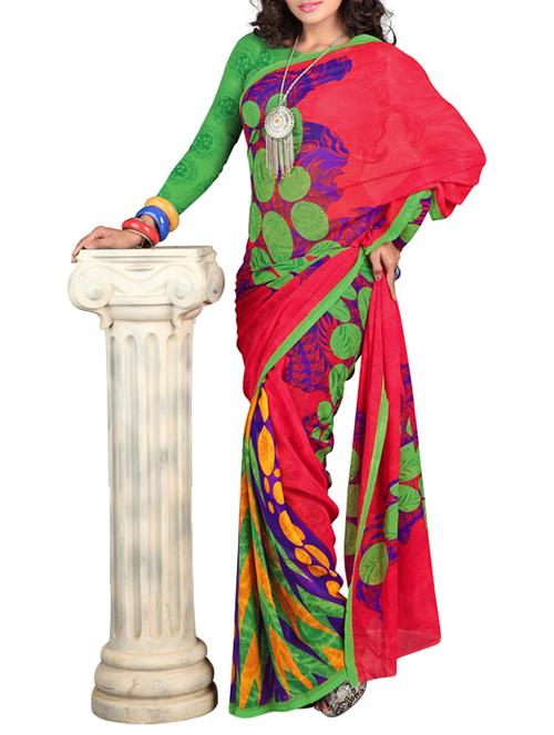 red faux georgette printed saree with blouse - 11149342 - Very Small Image - 1