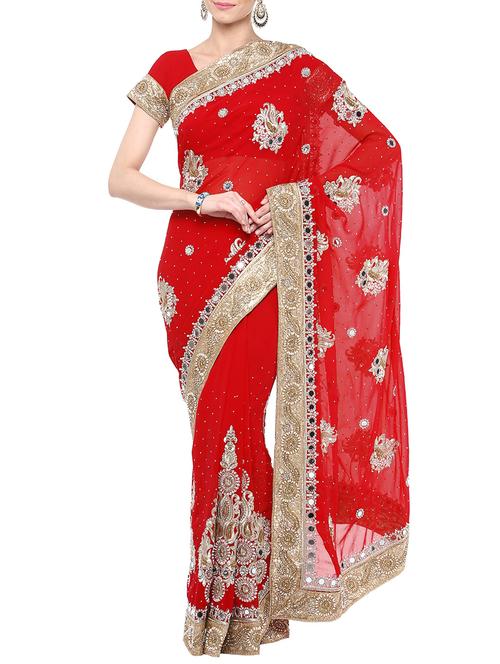red faux georgette embroidered saree with blouse - 11149506 - Very Small Image - 1